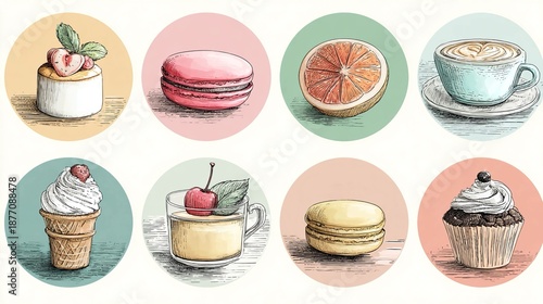 Dessert label templates with sweet treat icons, hand-drawn fonts, and pastel colors in editable format, ideal for product packaging