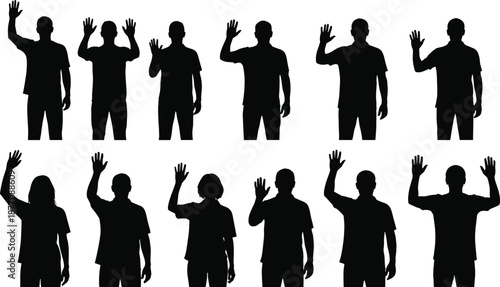 People waving silhouettes, greeting gesture, raised hands, hello sign, goodbye motion, crowd communication, black shadow figures, social interaction, vector set, human poses