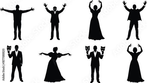 Theater actor silhouettes, stage performance, dramatic poses, opera and drama, raised arms, costume figures, classic show, black shadow, artistic, entertainment, vector, set