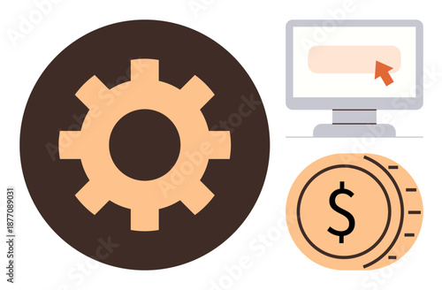 Business management, financial systems, online transactions, software tools, technology integration, productivity solutions. Gear symbol, monitor with cursor and dollar coin. Management
