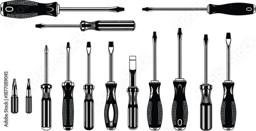 Screwdriver set illustration, black vector collection of flat and Phillips tools, repair equipment icons for workshop, hardware, construction, design, branding
