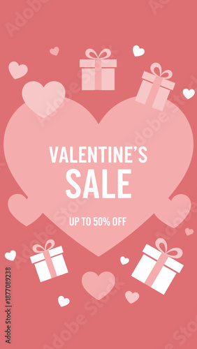 Valentine's Day Sale Banner with Hearts and Gifts - Up to 50% Off - Special Romance Promotion