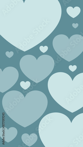 A soothing vertical background composition featuring an array of soft blue and teal hearts in various sizes, creating a gentle and loving ambiance