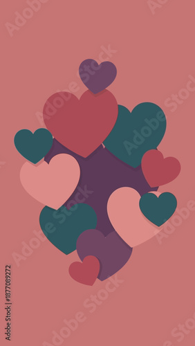 A collection of vibrant heart shapes in various sizes and pastel colors, arranged in a pleasing cluster against a soft pink background, perfect for romantic themes