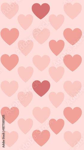 A beautiful and simple background image featuring a repeated pattern of numerous pink and red hearts in various shades, creating a visually pleasing and romantic aesthetic perfect for design projects