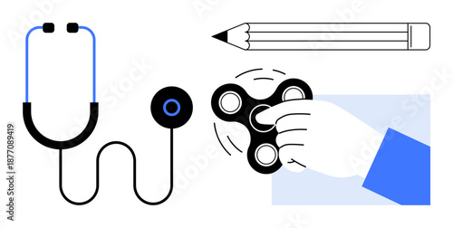 Healthcare, stress management, education tools, creativity, wellness, hand-eye coordination. Stethoscope, pencil hand holding fidget spinner. Healthcare and stress management with diverse tools