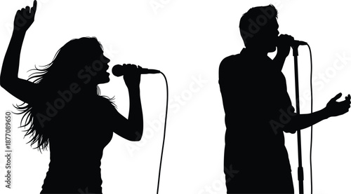 Male and female singer silhouettes, black vector illustration of duet performance with microphones, music concert icons for stage, show, design