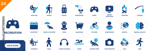 Recreation icon. Includes leisure time, play games, gardening, travel, sports, reading books. Solid vector icon set
