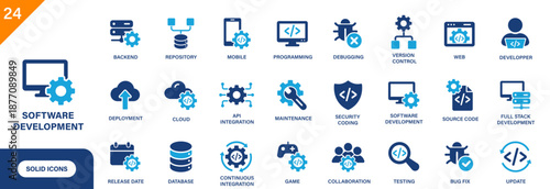 Software development icon. Including developer, debugging, programming, backend, source code, full stack development. Solid vector icon set.