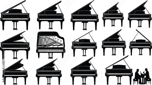 Grand piano silhouettes collection, black vector set of classic concert pianos, musical instrument icons for design, art, branding