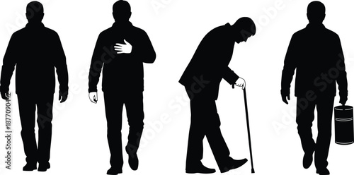 Silhouettes, men, walking, different, postures, chest, pain, elderly, cane, laborer, carrying, barrel, human, figures, isolated, black, white, background, concept, illustration