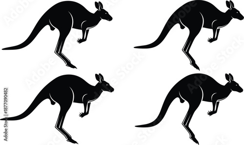 Kangaroo silhouette set, jumping marsupial animals, black vector wildlife collection for logo, poster, nature, zoo, and graphic design use