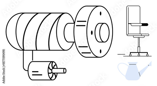 Engineering, manufacturing, office equipment, gardening, innovation, design. A machine component, a chair and a watering can are . Engineering and manufacturing visuals for design purposes