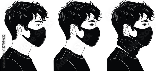 Face mask illustration set, young man profile portraits, black vector silhouettes for health, fashion, pandemic safety, medical, and graphic design use
