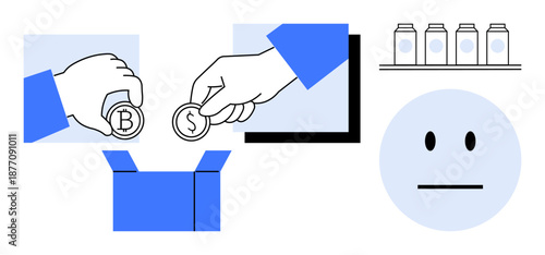 Cryptocurrency, fintech, donations, e-commerce, financial technology, online payments. Hands exchanging Bitcoin and Dollar coins next to donation box and neutral face. Cryptocurrency and fintech