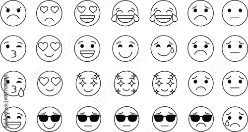 Emoji line icon set, facial expression collection, emotions and reactions, outline vector faces for chat, app, web, and graphic design