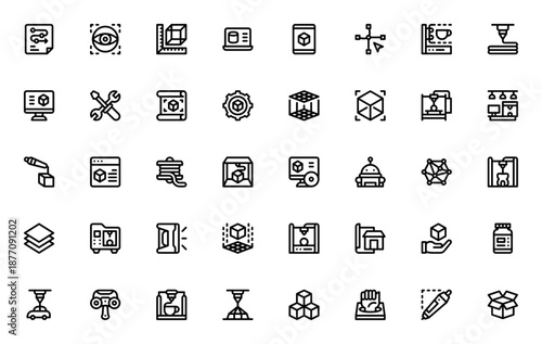 3D Printing icon set. Vector illustration pack. Includes symbols for 3d printer, scanner, software, modeling, filament, tools, blueprint and more. Editable stroke.