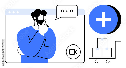 Online collaboration. Online collaboration with a thoughtful individual, symbols thumbs up a video call, chat, and logistics. Online collaboration for communication, business, and teamwork. Suitable