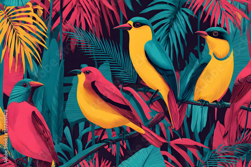 Colorful birds perched on branches in a tropical setting during daytime