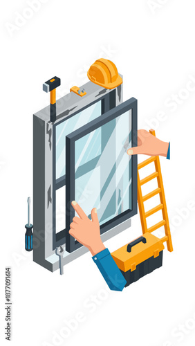Isometric view of a window installation process with worker hands and tools for home renovation and construction service concept