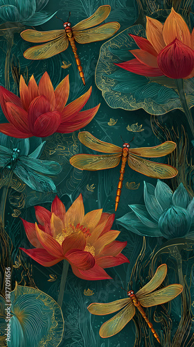 Colorful flowers and dragonflies in a natural setting with detailed patterns