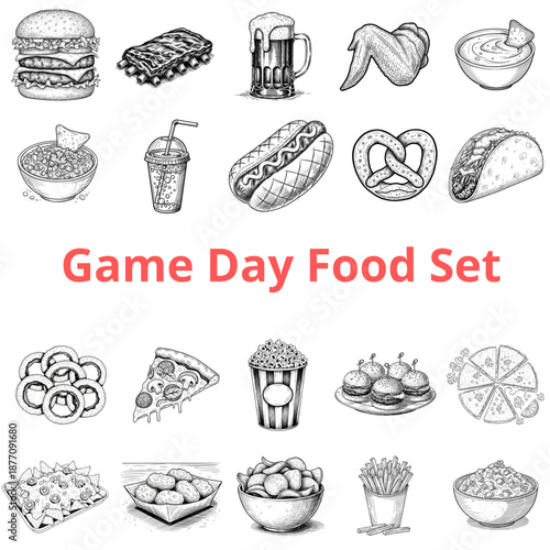 Collection of hand drawn sketch fast food snacks including burger and pizza for sports bar menu and game day party concept