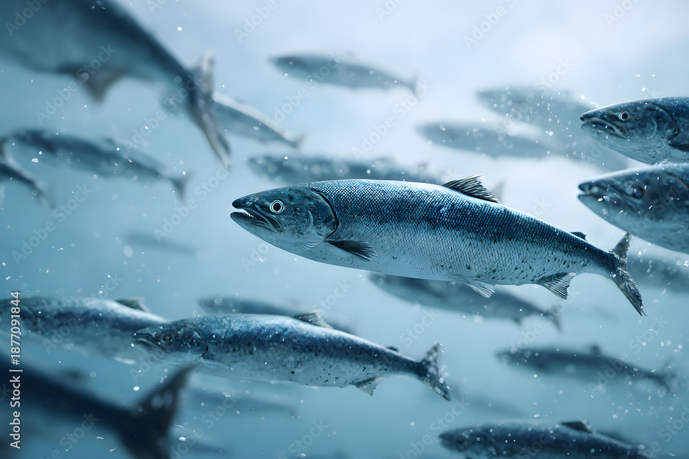 Obraz premium School of salmon swimming in a river during daylight hours near rocky riverbed