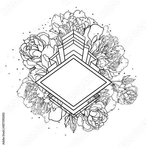 Vector illustration of a peony flower combined with sacred geometry elements. Black and white outline design in tattoo and coloring book style, perfect for prints, spiritual art, and mindful coloring.