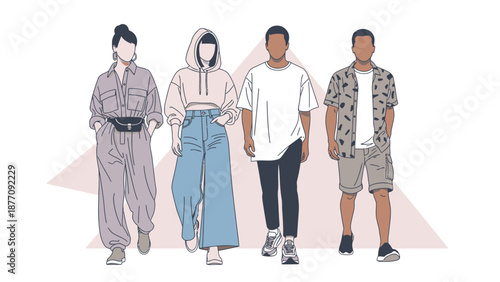 Diverse group of young adults in casual streetwear clothing