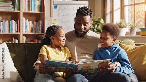 Father reading book with children at home