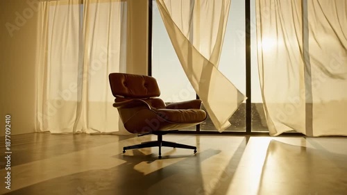 Modern armchair in bright room with curtains, relaxation