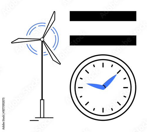 Wind turbine with rotation motion, equality bars, and clock represent renewable energy, fairness, and time efficiency. Ideal for sustainability, clean energy, justice, time usage eco-consciousness