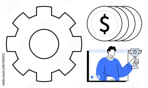 Gear symbol, stack of coins with dollar signs, and person holding a trophy in a video call. Ideal for concepts thumbs up productivity, financial success, online achievement, work rewards, efficiency