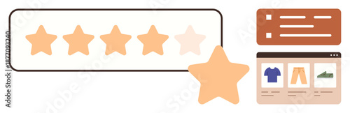 Customer feedback, product reviews, online shopping, e-commerce platforms, user experience, digital marketplaces. Five-star rating, online review form and product display. Customer feedback