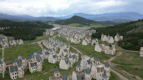 Burj Al Babas ghost town abandoned fairytale castles drone aerial view in Turkey
