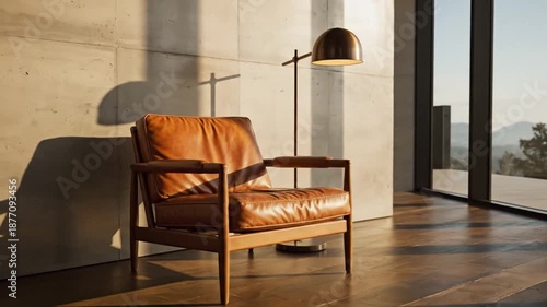Minimalist Interior with Leather Chair and Sunlight Shadows