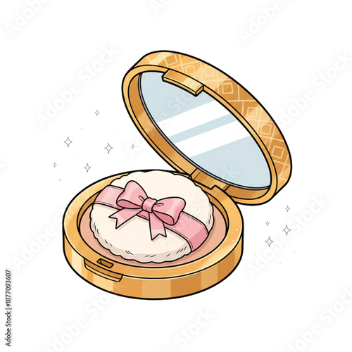 A cute and elegant compact powder icon with a golden case and pink ribbon puff, open mirror design, isolated on a transparent background, flat illustration style.