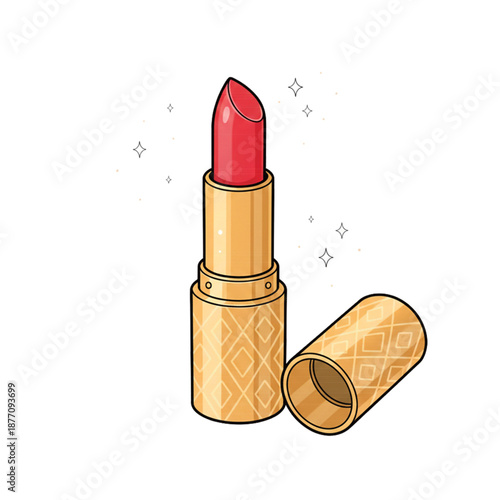 A cute and elegant lipstick icon with a red lipstick bullet and a golden patterned case, partially opened with the cap beside it, decorated with subtle sparkles, isolated on a transparent background