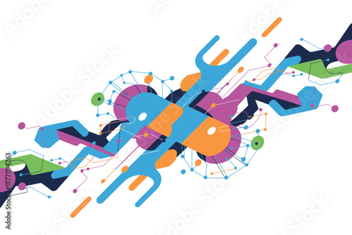 A vibrant abstract illustration featuring colorful shapes and lines on a white background