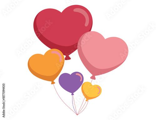 A colorful bunch of heart-shaped balloons floating in the air on a white background