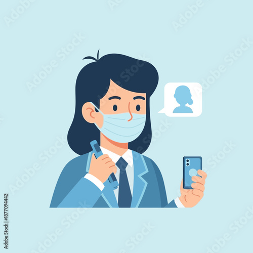 Woman in face mask with phone, virtual communication concept