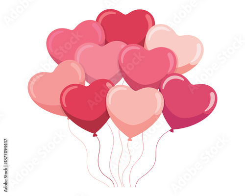 A cluster of heart-shaped balloons in various shades of pink and red floating against a white background.