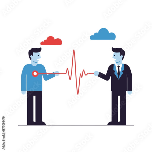 Businessmen connecting via heartbeat line, communication and connection concept