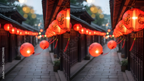 Chinese traditional red lanterns on a walkway