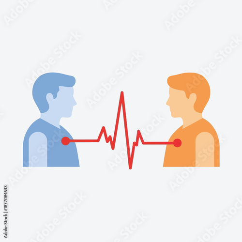 Two people connected by heartbeat line, symbolizing connection and communication