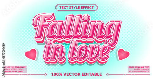 Editable text effect vector “Falling in Love” features soft romantic lettering with warm tones, perfect for Valentine events, love themes, invitations, cards, and sweet promotions.