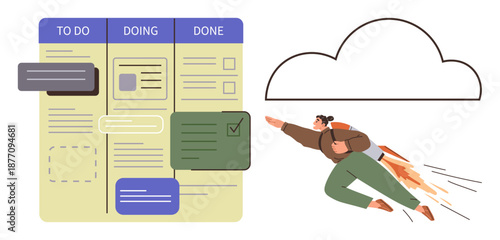 Project management, organization tools, productivity, teamwork, goal setting, task completion. A task board labeled To Do, Doing, Done alongside a jetpack-powered person heading toward a cloud