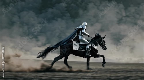 Dynamic side-angle shot of a knight in armor galloping on a horse through a dusty landscape, evoking a cinematic medieval video scene.
