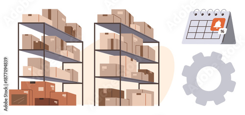 Warehouse management, inventory planning, logistics, supply chain, organization, productivity. Stacked shelves with boxes, calendar and gear. Warehouse management and inventory planning concept