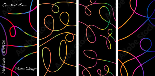Decorative abstract poster set with glowing colorful line patterns